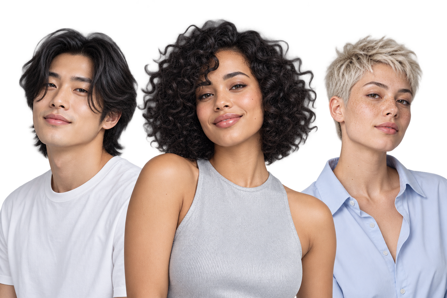 Three people with distinct hairstyles